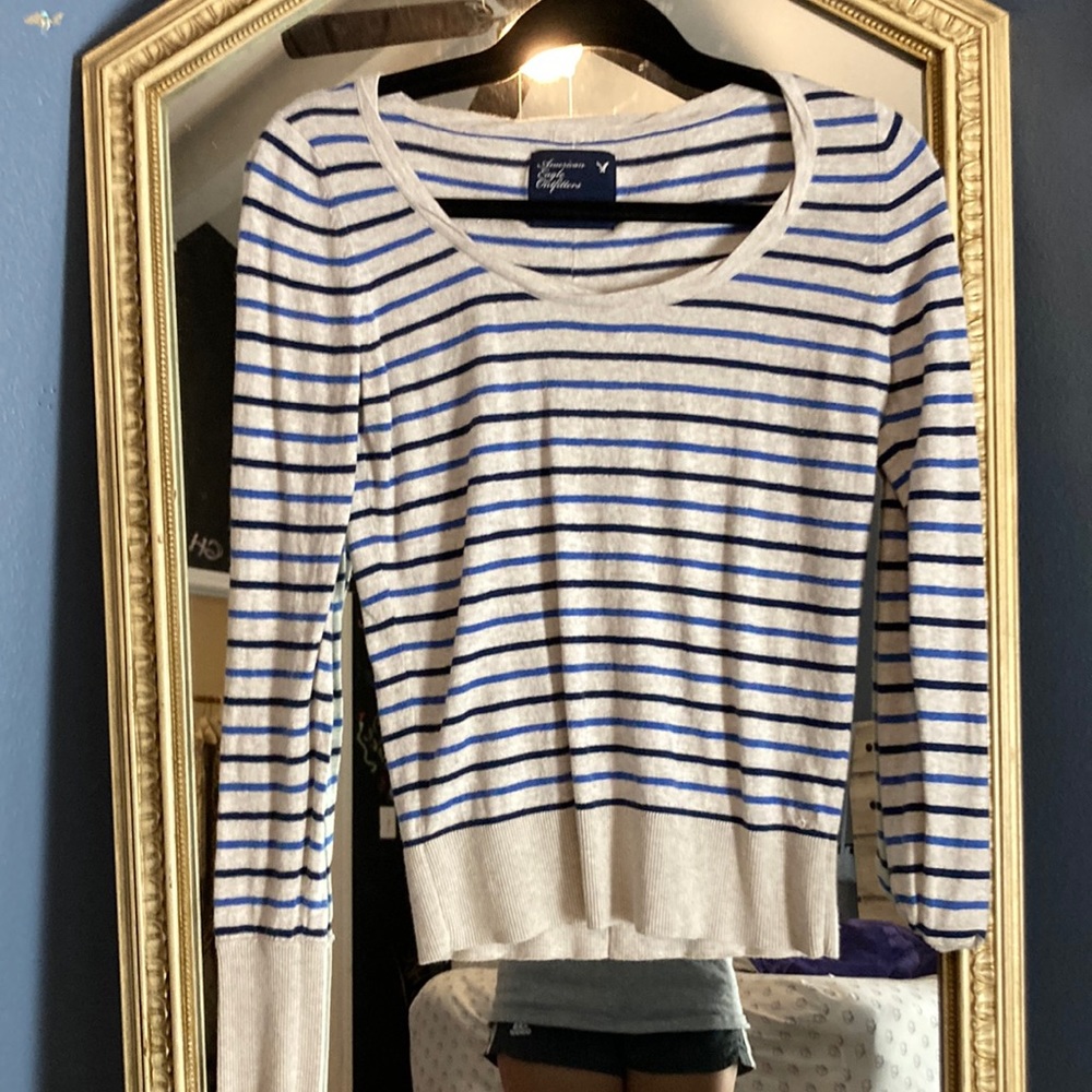 White with navy blue and light blue strip long sleeve shirt from American eagle